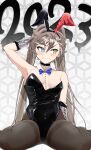  1girl 2023 absurdres animal_ears arm_behind_head armpits bangs blue_bow blue_bowtie blue_eyes blush bow bowtie bracer breasts brown_hair chinese_zodiac choker commentary covered_navel de_lisle_(girls&#039;_frontline) embarrassed girls&#039;_frontline green_eyes hair_ornament heterochromia highres kuzumotsu long_hair looking_away mole mole_under_eye multicolored_hair pantyhose playboy_bunny rabbit_ears sitting small_breasts solo twintails wariza white_hair year_of_the_rabbit 