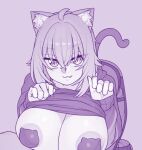  1girl ahoge animal_ear_fluff animal_ears breasts cat_ears cat_pasties cat_tail clothes_lift cropped_hoodie ekz_(robotekz) fang hair_between_eyes hololive hood hoodie hoodie_lift large_breasts nekomata_okayu pasties paw_pose solo tail upper_body 