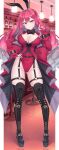  1girl absurdres animal_ears bar_(place) bar_stool black_footwear black_hairband boots bottle breasts coat covered_navel cross-laced_footwear drill_hair fairy_knight_tristan_(fate) fake_animal_ears fang fang_out fate/grand_order fate_(series) full_body garter_straps gradient_hair grey_eyes grey_hair hair_intakes hairband hand_on_hip highres huangyouxingren indoors large_breasts leotard long_hair long_sleeves multicolored_hair nontraditional_playboy_bunny overcoat pink_hair playboy_bunny playing_with_own_hair pointy_ears quad_drills rabbit_ears red_coat red_leotard red_nails sidelocks solo standing stool thigh_boots very_long_hair 