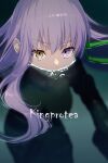  1girl bangs black_bodysuit bodysuit breasts character_name echo_(circa) fate/grand_order fate_(series) green_ribbon hair_ribbon heterochromia kingprotea_(fate) long_hair looking_at_viewer medium_breasts purple_eyes purple_hair ribbon solo swimming very_long_hair water xochitonal_(fate) yellow_eyes 