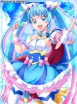  1girl blue_background blue_eyes blue_hair blue_skirt boots breasts cure_sky detached_sleeves frills gloves hair_ribbon hanzou highres hirogaru_sky!_precure looking_at_viewer open_mouth pen precure ribbon shirt skirt small_breasts solo sora_harewataru standing standing_on_one_leg thighhighs twintails white_gloves white_shirt white_thighhighs 