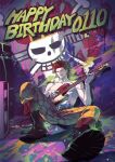  1boy belt black_footwear english_text eustass_captain_kid guitar happy_birthday highres holding holding_instrument instrument law106g light_smile muscular muscular_male one_piece paint_splatter red_hair short_hair sitting skull_and_crossbones solo_focus spread_legs topless_male 