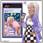  1girl artist_name cellphone cellphone_picture checkered_clothes cotton_candy dark-skinned_female dark_skin dated eating english_text happy_new_year heart highres holding holding_phone jacket japanese_clothes kimono kunio-kun_series light_purple_hair long_hair multicolored_hair phone purple_hair purple_jacket rajaie101 river_city_girls smartphone social_network solo tsuiko(river_city_girls) 