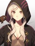  1girl bangs breasts buttons cleavage close-up fire_emblem fire_emblem_awakening gloves highres hood hood_up long_hair long_sleeves looking_at_viewer nintendo peach11_01 robe robin_(female)_(fire_emblem) robin_(fire_emblem) small_breasts solo twintails upper_body white_hair 
