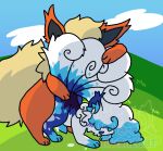  alolan_form alolan_vulpix ass_up blush bodily_fluids cum digitigrade duo eeveelution fan_character feral flareon generation_1_pokemon genital_fluids genitals grass hair hair_over_eyes knot male male/male multi_tail multicolored_body nintendo outside outside_sex penis plant pokemon pokemon_(species) quadruped raccinheat razz_(floraltrash) regional_form_(pokemon) tail vulpix white_body 