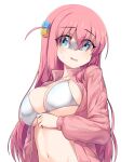  1girl blue_eyes bocchi_the_rock! bra breasts collarbone cube_hair_ornament gotou_hitori hair_between_eyes hair_ornament highres jacket large_breasts long_hair long_sleeves looking_at_viewer mastgg navel open_clothes open_jacket open_mouth pink_hair pink_jacket simple_background solo track_jacket underwear upper_body white_background white_bra 