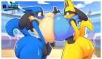  anthro big_breasts blue_body blush breasts butt canid canine duo female female/female fur generation_4_pokemon hi_res lucario mammal nintendo pokemon pokemon_(species) simple_background smile thiccbuns 