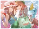  2girls backpack bag black_wristband blue_shirt border brown_bag brown_eyes brown_hair bucket_hat bulbasaur cable_knit cardigan cloud collared_dress commentary_request dress gloria_(pokemon) green_headwear grey_cardigan hair_flaps harumori_kou hat highres holding holding_poke_ball hooded_cardigan leaf_(pokemon) long_hair multiple_girls outdoors poke_ball poke_ball_(basic) pokemon pokemon_(creature) pokemon_(game) pokemon_frlg pokemon_swsh shirt short_hair sky sleeveless sleeveless_shirt sobble strap tam_o&#039;_shanter twitter_username watermark white_border white_headwear wristband 