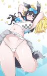  1girl animal_ears armpits arms_up black_hair blue_archive blush breasts cameltoe cheerleader confetti dog_ears dog_girl dog_tail eyewear_on_head goggles goggles_on_head halo hibiki_(blue_archive) hibiki_(cheerleader)_(blue_archive) highres holding holding_pom_poms long_hair looking_at_viewer navel nipple_slip nipples official_alternate_costume panties pom_pom_(cheerleading) pussy pussy_peek skirt solo standing standing_on_one_leg sticker_on_face string_panties tail tearing_up underwear uuronhai white_skirt 