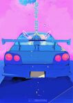  1girl absurdres blue_theme car chibi drawn_wings from_behind ground_vehicle highres license_plate limited_palette megaron motor_vehicle nissan nissan_skyline_gt-r original purple_background shadow spoiler_(automobile) tail_lights vehicle_focus vehicle_name watermark 