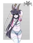  2_horns absurd_res anthro black_hair blue_eyes bottomwear bovid caprine clothing collar fur girly goat hair hi_res horn katana legwear looking_at_viewer makeup male mammal melee_weapon midriff navel shorts simple_background slim solo spanish_text straight_hair sword text weapon white_body white_fur zel_vilkoinen_(zelripheth) zelripheth 