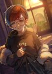  1girl bangs blue_hair closed_mouth clutching_chest commentary_request curtains glasses grey_eyes highres hood hood_down hoodie long_sleeves multicolored_hair otsudou outdoors penny_(pokemon) poke_ball_print pokemon pokemon_(game) pokemon_sv print_hoodie red_hair round_eyewear short_hair two-tone_hair upper_body window 