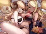  2girls absurdres ahoge anila_(granblue_fantasy) anila_(summer)_(granblue_fantasy) bikini blonde_hair boar breasts brown_eyes brown_hair commission dark-skinned_female dark_skin draph granblue_fantasy highres horns kumbhira_(granblue_fantasy) kumbhira_(summer)_(granblue_fantasy) large_breasts long_hair multiple_girls myown navel on_bed one_eye_closed pixiv_commission pointy_ears sheep smile swimsuit thick_eyebrows 