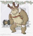  anthro bell bell_harness bodily_fluids buffalonickels capreoline chest_tuft christmas clothing cum cum_drip cum_in_clothing deer dripping exercise facial_hair genital_fluids harness hi_res holidays jingle_bell jingle_bell_harness jockstrap male mammal muscular muscular_male reindeer sitting solo tuft underwear weightlifting workout 
