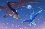  blue_body brown_body dragon duo feral flying fur furred_dragon geckotooth horn male male/male moon night snow snowing 