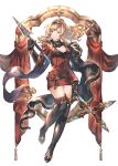  1girl black_footwear black_gloves black_hairband blonde_hair boots breasts cleavage dress floating_hair full_body gloves granblue_fantasy green_eyes grin hairband highres holding holding_polearm holding_weapon long_hair long_sleeves medium_breasts polearm red_dress shimatani_azu shiny_hair short_dress simple_background smile solo standing thigh_boots weapon white_background zeta_(granblue_fantasy) zettai_ryouiki 