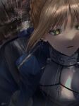  1girl absurdres armor armored_dress artoria_pendragon_(fate) bangs blonde_hair blue_dress braid breastplate commentary_request dated dress fate/grand_order fate/stay_night fate/zero fate_(series) from_above gauntlets green_eyes hair_between_eyes hibiya_saeki highres long_dress looking_up mud open_mouth parted_bangs rain saber sad shiny_hair short_hair sidelocks signature solo tears 