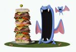  3d bat_wings blender_(medium) everydaylouie fangs food golbat grass no_humans olive open_mouth plate pokemon sandwich slit_pupils toothpick white_background wings zubat 