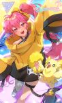  1girl :d absurdres bow commission cosplay fairouz_ai fire_emblem fire_emblem:_mystery_of_the_emblem hair_bow highres iono_(pokemon) iono_(pokemon)_(cosplay) long_sleeves oricorio oricorio_(pom-pom) phina_(fire_emblem) pink_hair pokemon pokemon_(game) pokemon_sv ponytail smile sweater voice_actor_connection wawatiku yellow_sweater 