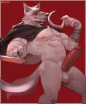  5_fingers abs absurd_res anthro balls bandage biceps big_balls big_penis black_clothing canid canine canis cape claws clothing death_(puss_in_boots) erection fangs fingers fur genitals grey_body grey_fur hi_res hood humanoid humanoid_genitalia looking_at_viewer male male/male mammal muscular muscular_anthro muscular_male nipples nude pecs penis pubes red_background red_eyes red_penis sickle simple_background smile smiling_at_viewer snaftfc solo standing tail teeth underwear weapon white_balls white_body wolf 