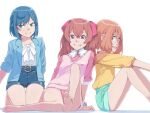  3girls :d akinbo_(hyouka_fuyou) bare_legs barefoot blue_hair blue_jacket blue_shorts bow brown_hair closed_mouth delicious_party_precure fuwa_kokone green_eyes hair_ornament hairclip hanamichi_ran high-waist_shorts jacket kneeling long_hair looking_at_viewer multiple_girls nagomi_yui open_clothes open_jacket open_mouth pink_shirt pink_shorts pink_vest precure red_eyes shiny_hair shirt short_hair short_shorts shorts simple_background sitting smile soles thigh_gap vest white_background white_bow white_shirt yellow_shirt 