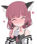  1girl alcohol animal_ears bangs black_bow black_jacket black_nails blunt_bangs blush bocchi_the_rock! bow braid cat_ears cat_girl closed_eyes drinking drunk earrings fang hair_bow hair_over_shoulder halulu hand_tattoo heart highres hiroi_kikuri holding_carton jacket jewelry long_hair long_sleeves multicolored_clothes multicolored_jacket open_clothes open_jacket red_hair sake sake_carton single_braid smile solo tattoo two-tone_jacket white_jacket 
