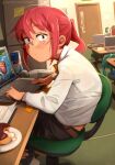  1girl absurdres arched_back bangs black_skirt blush chair computer cream desk door english_commentary english_text fire_extinguisher food from_side glasses highres holding khyle. kobayashi-san_chi_no_maidragon kobayashi_(maidragon) laptop long_sleeves looking_at_viewer office office_lady paper playing_games red_bull red_eyes red_hair sex_toy shiny_hair shirt sitting skirt solo_focus sweatdrop white_shirt 