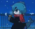  1girl bangs black_jacket blue_eyes blue_hair blue_mittens blue_skirt blue_sky blush can canned_coffee chibi commentary_request fence fish_tail from_side fuka-chan hair_between_eyes highres holding holding_can jacket long_sleeves mittens night original outdoors pleated_skirt profile red_scarf scarf shark_tail short_eyebrows skirt sky snow snowing solo tail thick_eyebrows uni_souchou 