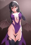  1girl :p absurdres black_hair black_thighhighs blush braid breasts breasts_apart cameltoe chest_tattoo closed_mouth commission covered_navel cowboy_shot demon_girl demon_wings empty_eyes groin hand_on_own_chest hand_up highleg highleg_leotard highres kkam-sang large_breasts leotard long_hair looking_at_viewer naughty_face nose_blush original purple_leotard red_eyes side_cutout smile solo standing strapless strapless_leotard tattoo thighhighs thighs tongue tongue_out twin_braids waist_cape wings 