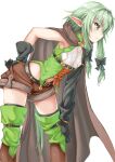  1girl armpits black_bow black_gloves boots bow brown_cape brown_shorts cape elf gloves goblin_slayer! green_eyes green_hair green_thighhighs hair_bow hand_on_hip hand_on_own_knee high_elf_archer_(goblin_slayer!) leaning_forward looking_to_the_side pointy_ears profile short_hair short_hair_with_long_locks shorts sidelocks solo standing thighhighs wagashi_(yokotejn) 