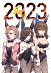  2023 3girls admire_vega_(umamusume) animal_ears black_hair bow bowtie breasts brown_hair confetti detached_collar hair_over_one_eye hands_in_pockets horse_ears horse_tail jacket large_breasts leotard leotard_under_clothes long_hair multiple_girls narita_taishin_(umamusume) odawara_hakone pantyhose pink_jacket playboy_bunny rice_shower_(umamusume) small_breasts tail umamusume wrist_cuffs 