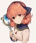  1girl bangs blue_hairband blue_ribbon brown_eyes closed_mouth fire_emblem fire_emblem_echoes:_shadows_of_valentia gem genny_(fire_emblem) gradient gradient_background hair_between_eyes hairband haru_(nakajou-28) holding holding_staff jewelry looking_at_viewer necklace pink_hair red_gemstone ribbon short_hair single_horizontal_stripe solo staff turtleneck twitter_username upper_body 