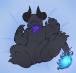  anthro black_body black_horn blue_fire body_pillow colored_fire demon endercaty eyeless feet fire flaming_tail hi_res horn humanoid imp male pillow preril_(ashbeater421) solo solo_focus 