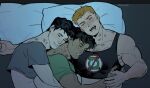  3boys bara bed bite_mark black_hair black_tank_top closed_eyes closed_mouth dc_comics facial_hair green_lantern_(series) green_shirt grey_shirt guy_gardner highres hug hug_from_behind kyle_rayner large_pectorals lying male_focus melonnabar multiple_boys muscular muscular_male on_back on_bed on_side open_mouth orange_hair patrick_o&#039;brian pectorals shirt short_hair sleeping smile tank_top yaoi 