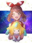 1girl :d bangs bow_hairband brown_hair commentary_request eyelashes grey_eyes hairband happy harumori_kou highres holding holding_pokemon jirachi looking_at_viewer may_(pokemon) open_mouth pokemon pokemon_(creature) pokemon_(game) pokemon_oras red_hairband shirt sleeveless sleeveless_shirt smile twitter_username upper_body watermark 
