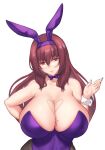  1girl animal_ears aster_crowley bangs bare_shoulders blush breasts cleavage collarbone detached_collar fake_animal_ears fate/grand_order fate_(series) fishnet_pantyhose fishnets highres huge_breasts leotard long_hair looking_at_viewer pantyhose purple_hair purple_leotard rabbit_ears red_eyes scathach_(fate) scathach_(piercing_bunny)_(fate) smile solo wrist_cuffs 