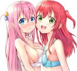  2girls :d asymmetrical_docking bangs bare_shoulders blue_bra blue_eyes blush bocchi_the_rock! bra breast_press breasts closed_mouth collarbone commentary_request cube_hair_ornament embarrassed from_side gotou_hitori greeen4869 green_eyes hair_ornament happy highres kita_ikuyo large_breasts long_hair looking_at_viewer multiple_girls one_side_up open_mouth pink_hair red_hair sideboob simple_background small_breasts smile underwear underwear_only upper_body white_background white_bra 