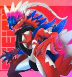  bangs closed_mouth commentary_request highres koraidon legs_apart looking_to_the_side no_humans outline pokemon pokemon_(creature) red_background solo spikes vegs yellow_eyes 