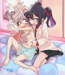  2girls :d arms_up belly belly_grab black_hair black_socks blonde_hair blurry blurry_background blush brown_eyes collared_shirt colored_inner_hair d: dress_shirt flustered futon genderswap genderswap_(mtf) grabbing grabbing_from_behind hair_between_eyes hair_ornament hairclip highres incest kidakash labcoat long_hair made_in_abyss meinya_(made_in_abyss) multicolored_hair multiple_girls naughty_face navel onii-chan_wa_oshimai open_mouth oyama_mahiro oyama_mihari pleated_skirt poster_(object) regu_(made_in_abyss) riko_(made_in_abyss) self_upload shirt shorts siblings sisters sitting skirt smile socks spread_legs stomach thighs twintails wariza yuri 