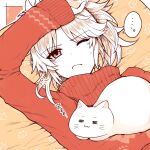  ... 1girl =3 =_= animal animal_print arm_on_head aruti blonde_hair cat cat_print closed_mouth commentary_request fate/grand_order fate_(series) frown hair_ornament hair_scrunchie highres limited_palette looking_at_viewer lying mordred_(fate) on_back one_eye_closed red_scrunchie red_sweater scrunchie spoken_ellipsis sweatdrop sweater turtleneck turtleneck_sweater 