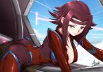  1girl adsouto ass bodysuit breasts cockpit code_geass english_commentary green_eyes headband highres kallen_stadtfeld large_breasts looking_at_viewer lying on_stomach partially_unzipped red_bodysuit red_hair shiny_clothes signature skin_tight solo 
