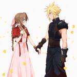  1boy 1girl aerith_gainsborough aqua_eyes armor bandaged_arm bandages bangle bangs belt blonde_hair blue_pants blue_shirt blush bracelet braid braided_ponytail breasts brown_belt brown_gloves brown_hair choker cleavage cloud_strife cowboy_shot cropped_jacket dress earrings falling_petals final_fantasy final_fantasy_vii final_fantasy_vii_remake gloves green_eyes hair_between_eyes hair_ribbon hand_on_own_chest holding_hands jacket jewelry krudears long_dress long_hair looking_at_another medium_breasts multiple_belts necklace pants parted_bangs petals pink_dress pink_ribbon red_jacket ribbon shirt short_hair short_sleeves shoulder_armor sidelocks single_bare_shoulder single_earring sleeveless sleeveless_turtleneck spiked_hair suspenders toned toned_male turtleneck wavy_hair white_background 