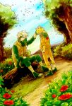  2boys blonde_hair bush demnyan flower forest hand_on_another&#039;s_head hatake_kakashi leaf log mask multiple_boys naruto naruto_(series) nature one_eye_covered outdoors short_hair sitting_on_log toeless_footwear tree uzumaki_naruto vest white_hair 