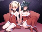 2girls absurdres ahoge animal_ears armpit_crease ass bare_arms bare_shoulders bell black_choker black_hair blonde_hair blue_eyes bow bowtie breasts cat_ears cat_girl cat_tail choker cleavage closed_mouth commission covered_navel dress extra_ears fur_bracelet fur_trim hair_bow hair_ornament hairclip halterneck hat heterochromia highres jingle_bell kkam-sang knees_up large_breasts leotard long_hair looking_at_viewer medium_breasts mole mole_on_breast multiple_girls no_shoes original red_dress red_leotard red_socks red_thighhighs santa_costume santa_dress short_dress sidelocks sitting smile socks spaghetti_strap strapless strapless_dress tail thighhighs thighs twintails very_long_hair wariza white_choker white_headwear yellow_eyes 
