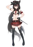  1girl absurdres animal_ear_fluff animal_ears arm_strap bangs baton_(weapon) belt bikini black_bikini black_footwear black_hair black_headwear blush boots braid breasts commentary_request expandable_baton fox_ears fox_girl fox_tail grin hair_between_eyes hat highres holding hololive kurokami_fubuki long_hair looking_at_viewer medium_breasts micon navel peaked_cap pentagram pleated_skirt ponytail red_eyes red_skirt sidelocks simple_background single_braid skirt smile solo swimsuit tail thigh_boots virtual_youtuber weapon white_background 