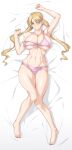  1girl arm_up armpits bangs bare_shoulders barefoot bed_sheet blonde_hair blush bra breasts cleavage closed_mouth collarbone commentary_request dakimakura_(medium) earrings full_body green_eyes gundam gundam_tekketsu_no_orphans hair_between_eyes heart heart_earrings highres jewelry lafter_frankland large_breasts long_hair looking_at_viewer lying nail_polish navel nose_blush obliques off_shoulder on_back ozaneko panties parted_bangs partial_commentary pink_bra pink_nails pink_panties shadow single_sidelock smile solo toenail_polish toenails twintails underboob underwear underwear_only 