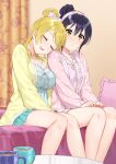  2girls ayase_eli bangs bed bed_sheet bedroom blonde_hair blue_hair breasts cleavage closed_eyes commentary_request curtains embarrassed hair_ornament hair_ribbon hairclip head_on_another&#039;s_shoulder highres indoors leaning_on_person long_hair love_live! love_live!_school_idol_project multiple_girls nanatsu_no_umi on_bed open_mouth pajamas pillow pink_pajamas ponytail ribbon sitting sleepy sonoda_umi swept_bangs yellow_eyes yuri 
