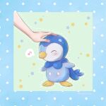  1other ^_^ blue_border blush border closed_eyes closed_mouth commentary_request green_background harumori_kou headpat highres musical_note outline piplup pokemon pokemon_(creature) polka_dot_border spoken_musical_note standing star_(symbol) 