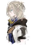  1boy absurdres albedo_(genshin_impact) blonde_hair blue_eyes earrings from_side genshin_impact highres hood hood_down jewelry male_focus nanaponi parted_lips ponytail short_ponytail simple_background sketch solo upper_body white_background 