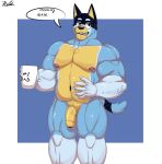 anthro australian_cattle_dog bandit_heeler barazoku belly blue_body blue_fur bluey_(series) breasts canid canine canis cattledog chichi2004 chubby_anthro chubby_male dialogue domestic_dog fur genitals hand_on_stomach herding_dog hi_res looking_at_viewer male mammal muscular muscular_anthro muscular_male nipples pastoral_dog pecs penis talking_to_viewer yellow_body yellow_fur 
